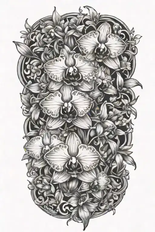 make a complex of orchids, narcisus and daisy flowers tattoo design idea