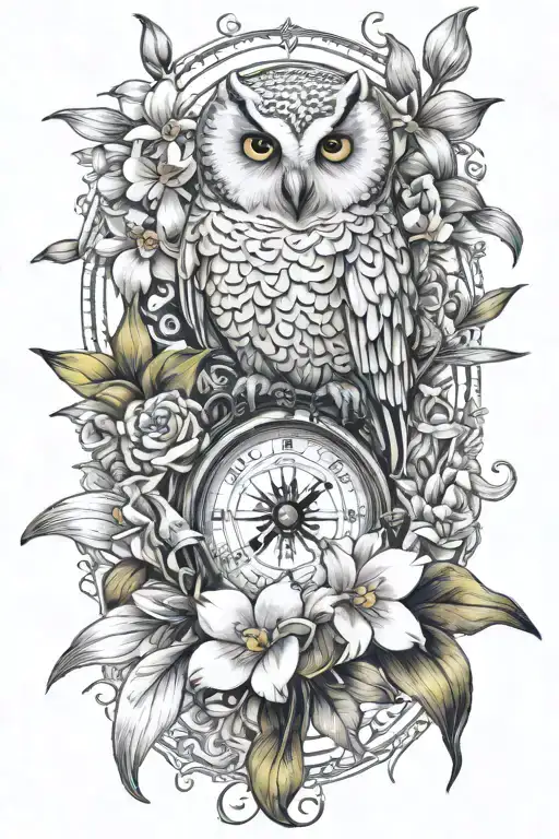 make a complex of orchids, narcisus and daisy flowers. a white owl sitting alone and a traditional compass showing the 4 tattoo design idea