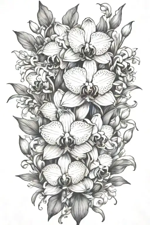 make a complex of orchids, narcisus and daisy flowers tattoo design idea
