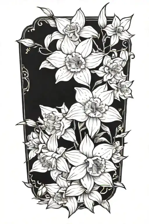 Black And Grey "Narcissus And orchid And daisy Of The Valley Flower Bouquet" Tattoo Design Idea tattoo design idea