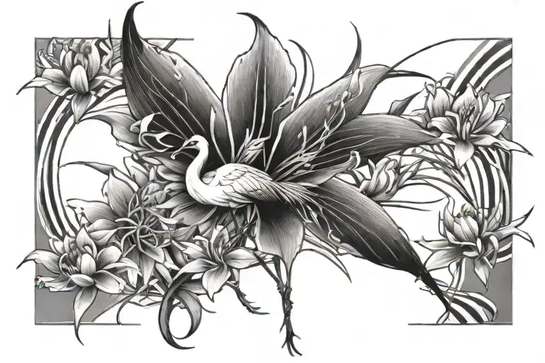 crane and spiderlily plus some lines forming tattoo design idea