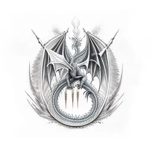 A majestic dragon intertwined with paintbrushes and pencils tattoo design idea