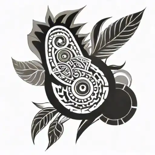 A black-grey thigh wrap around Polynesian-style tattoo design with elements from Brazil, Arizona, rugby, and warrior themes, including cultural symbols, Native American symbols, traditional poses, and a hidden letter 'J'. tattoo design idea