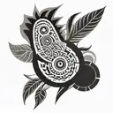 A black-grey thigh wrap around Polynesian-style tattoo design with elements from Brazil, Arizona, rugby, and warrior themes, including cultural symbols, Native American symbols, traditional poses, and a hidden letter 'J'. tattoo design idea