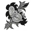 A black-grey thigh wrap around Polynesian-style tattoo design with elements from Brazil, Arizona, rugby, and warrior themes, including cultural symbols, Native American symbols, traditional poses, and a hidden letter 'J'. tattoo design idea