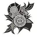 A black-grey thigh wrap around Polynesian-style tattoo design with elements from Brazil, Arizona, rugby, and warrior themes, including cultural symbols, Native American symbols, traditional poses, and a hidden letter 'J'. tattoo design idea