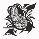 A black-grey thigh wrap around Polynesian-style tattoo design with elements from Brazil, Arizona, rugby, and warrior themes, including cultural symbols, Native American symbols, traditional poses, and a hidden letter 'J'. tattoo design idea
