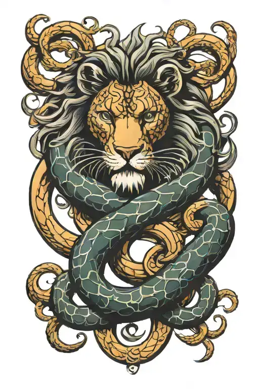 snake and lion through horseshoe surrounded tattoo design idea