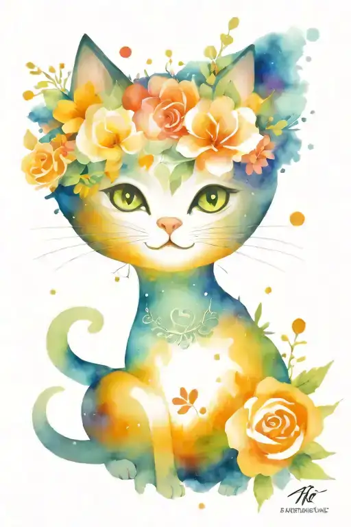 flowers and cat and space tattoo design idea