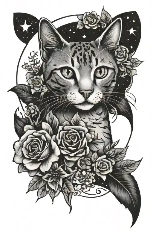 flowers and cat and stars moon tattoo design idea