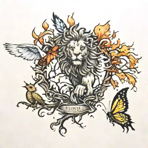 tree, lion, butterfly and phoenix rising from the ashes tattoo design idea