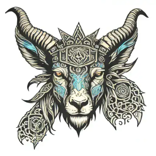 Angry male goat wearing king's crown tattoo design idea