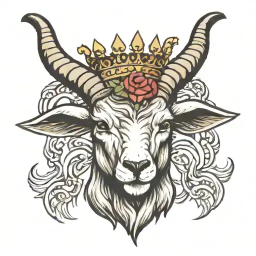 Angry male goat wearing king's crown tattoo design idea
