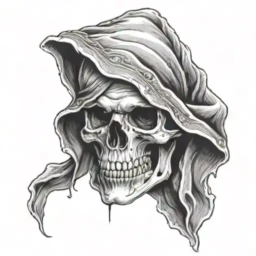 skull asking for silence, and hood on the head tattoo design idea