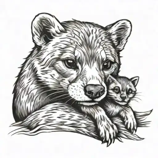 otter with a baby wolf cub in one arm tattoo design idea