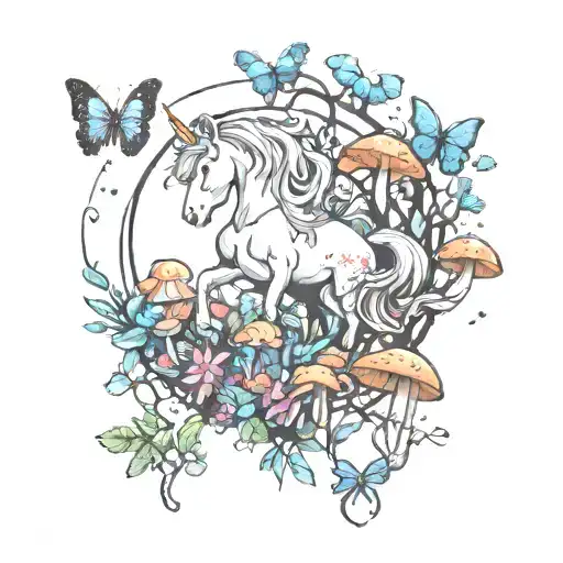 unicorn, butterfly, shrooms growing tattoo design idea