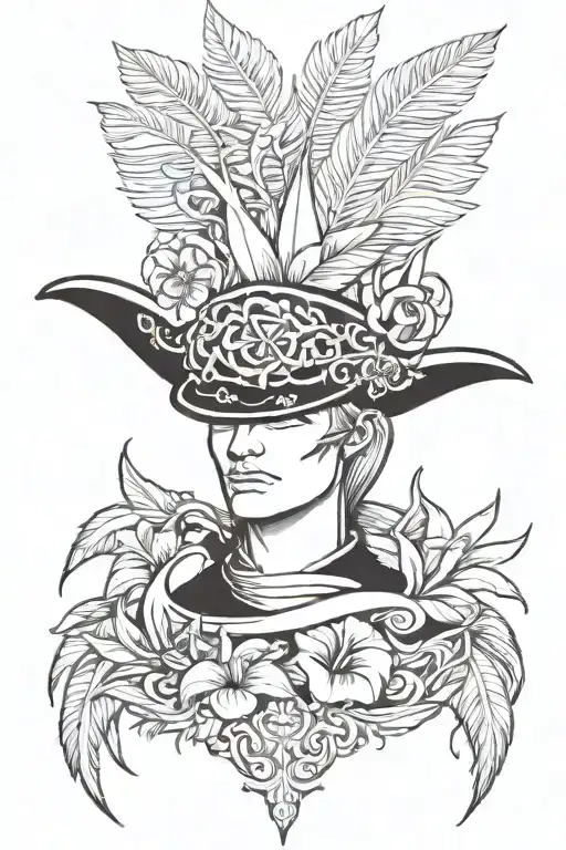 eternity sign, black captain hat, bird of paradise flower tattoo design idea