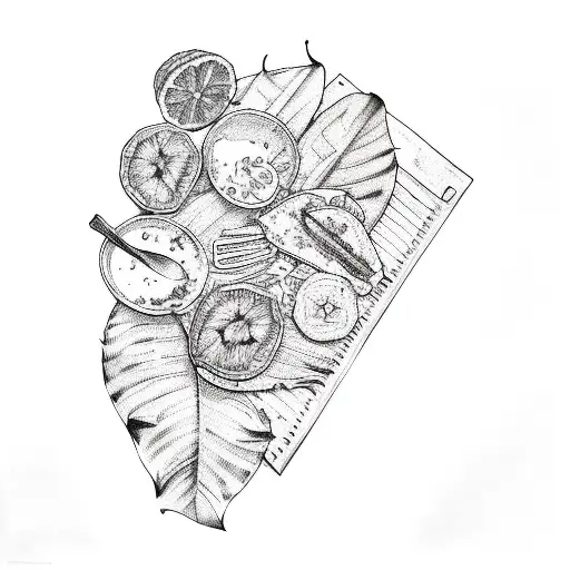 a plate of food on a banana leaf tattoo design idea