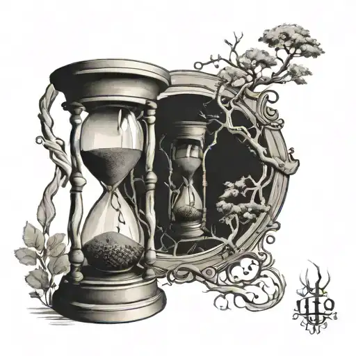 hourglass infront of old tall tree intertwined tattoo design idea