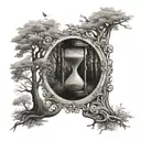 hourglass infront of old tall tree intertwined tattoo design idea