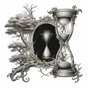 hourglass infront of old tall tree intertwined tattoo design idea