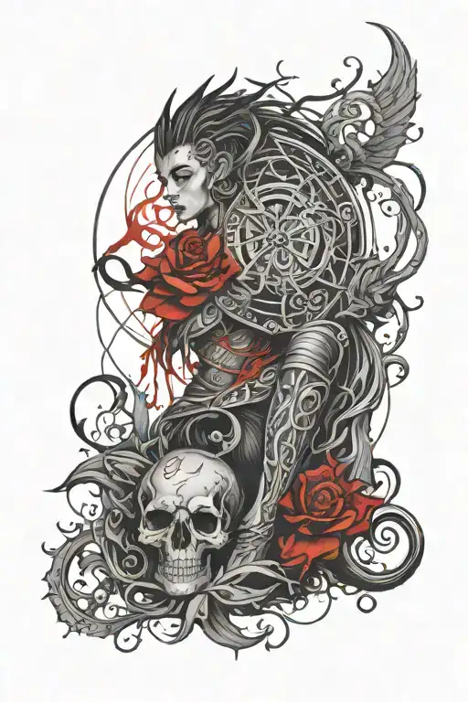 dark fantasy theme with minimal color red thigh tattoo tattoo design idea