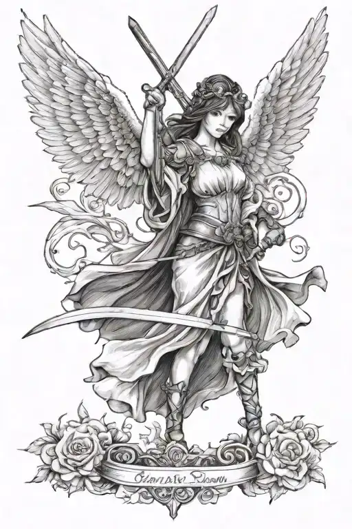 seraphim angel + shrine maiden with sword tattoo design idea