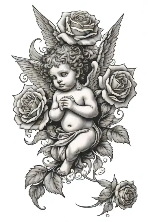 cherub angel with roses   tattoo design idea