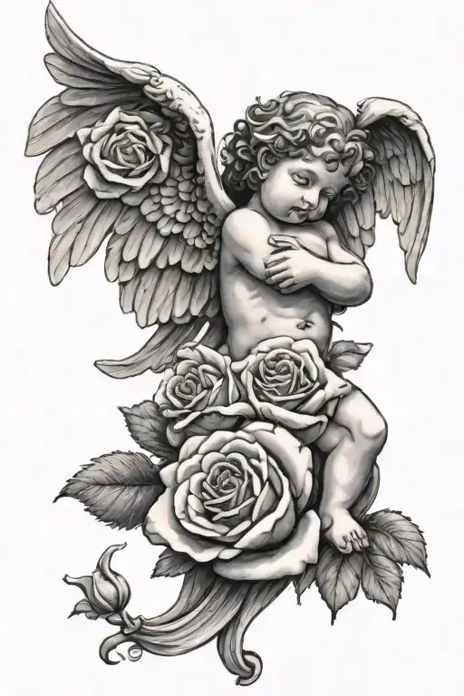 cherub angel with roses wrapped tightly tattoo design idea