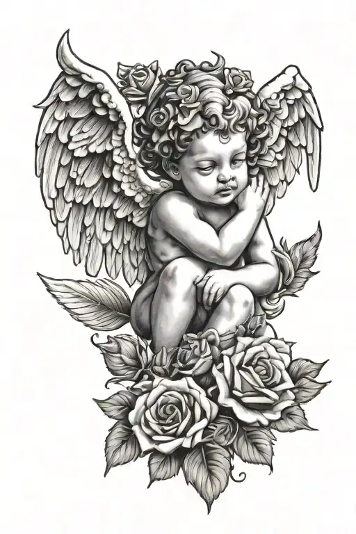 cherub angel with roses wrapped tattoo design idea