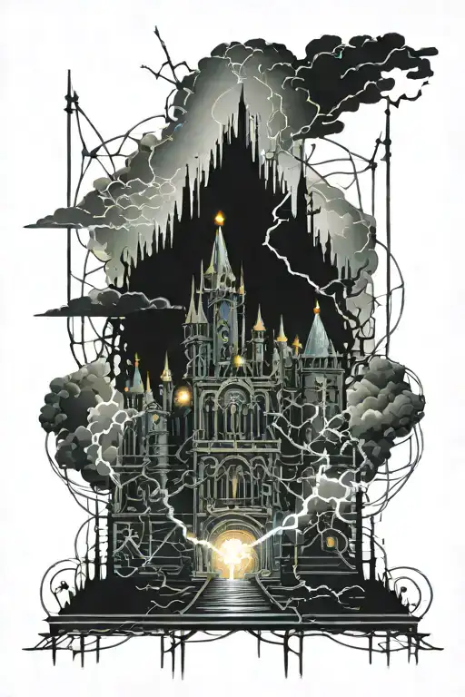spooky creepy dark tall castle surrounded by barbed wire with thunderstorms clouds and lightning above tattoo design idea
