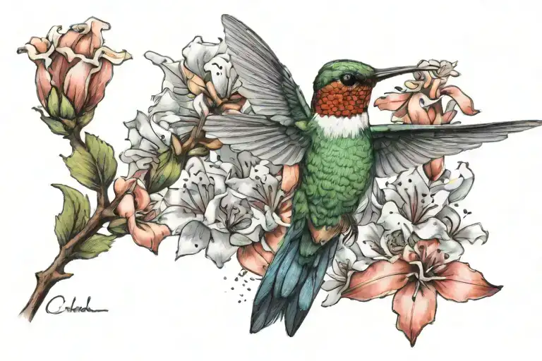 A detailed tattoo of a hummingbird feeding on a flower made of coral tattoo design idea