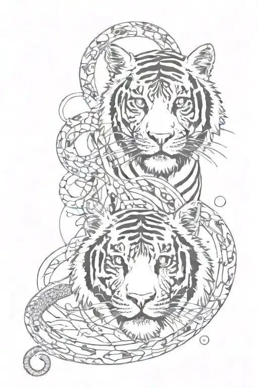 tiger face with snake and music notes floating tattoo design idea