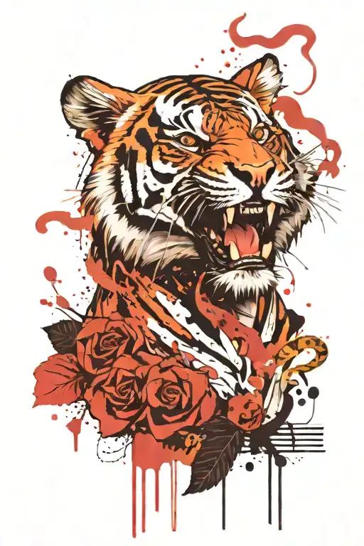 tiger face with snake and music notes floating tattoo design idea
