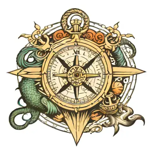 Compass and anchor intertwines with mermaid border tattoo design idea