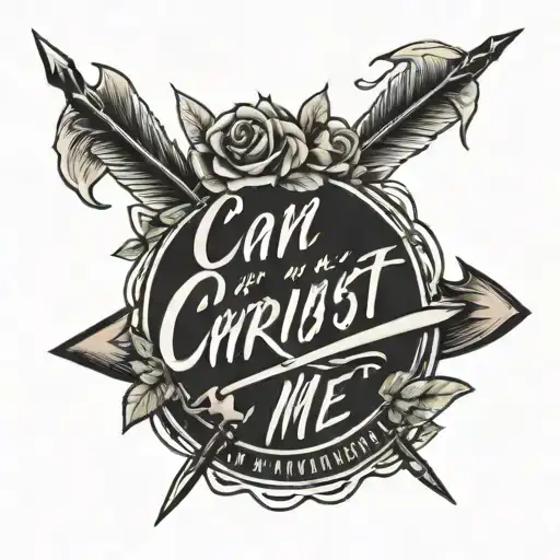Create a tattoo with the phrase I can do all things through Christ who strengthens me in English with the lyrics of wod of war with an arrow tattoo design idea