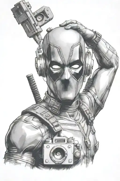 deadpool holds in his hands the walkman  above his head   tattoo design idea