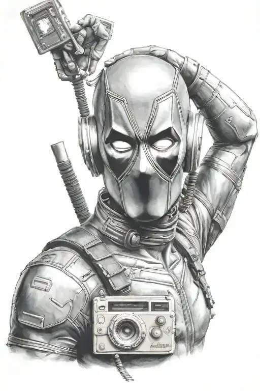 deadpool holds in his hands the walkman  above his head  tattoo design idea