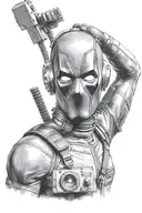 deadpool holds audio player above his head  tattoo design idea