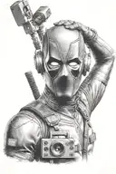 deadpool holds audio player above his head  tattoo design idea