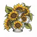 milk jug with 4 sunflowers inside in a stamp tattoo design idea
