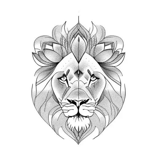 lion appearing behind blue waterlily tattoo design idea