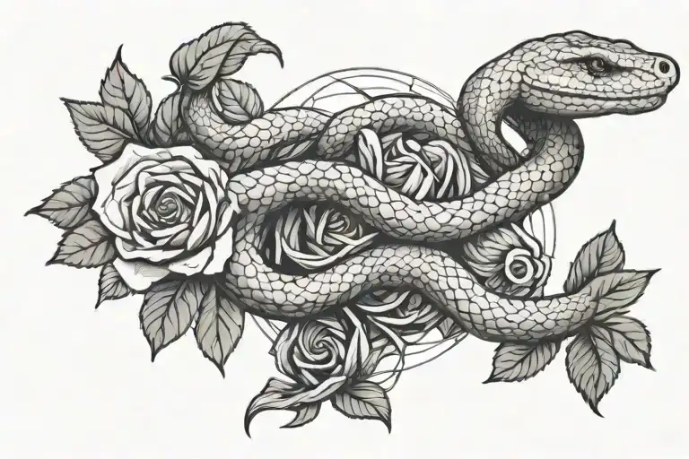 pieces of a snake intertwined that eat a rose growing tattoo design idea