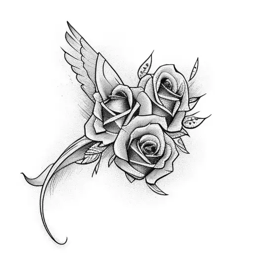 dove with 3 roses horizontal tattoo design idea