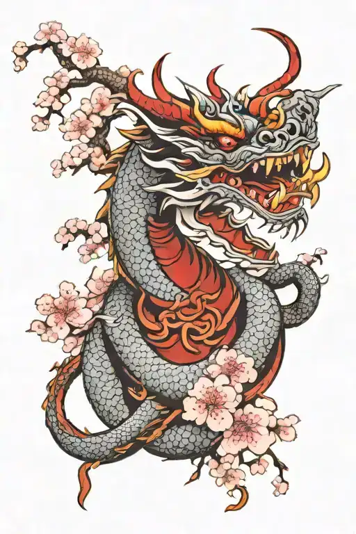 dragon intertwined with oni mask and cherry blossoms tattoo design idea