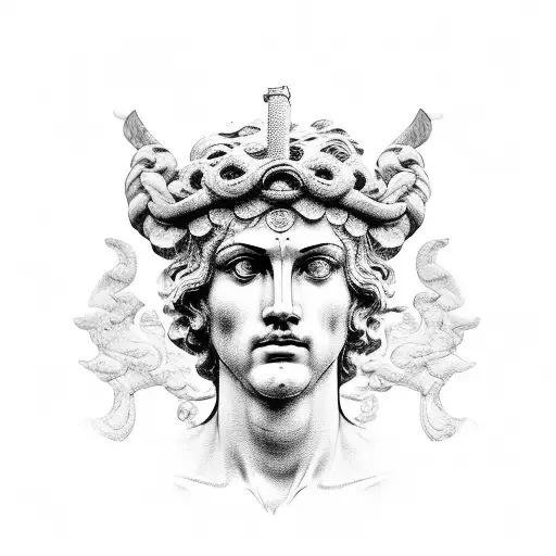 A statue of a Greek god with the number six subtly incorporated tattoo design idea