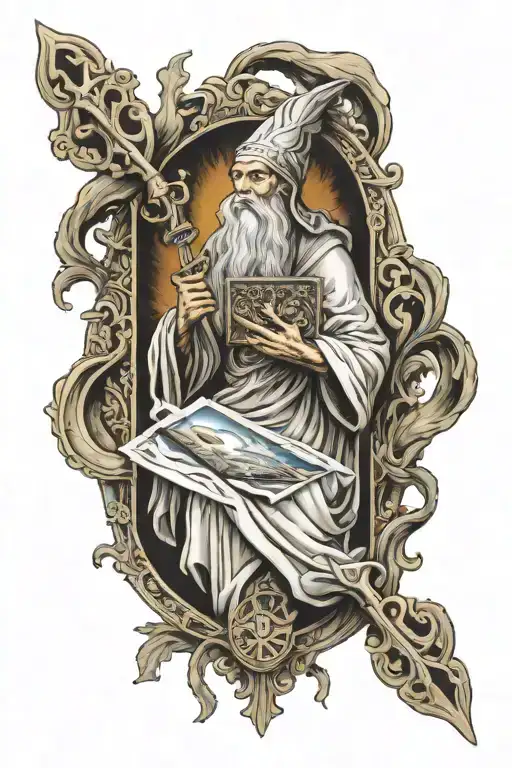 the hermit tarot card extending out of card frame tattoo design idea