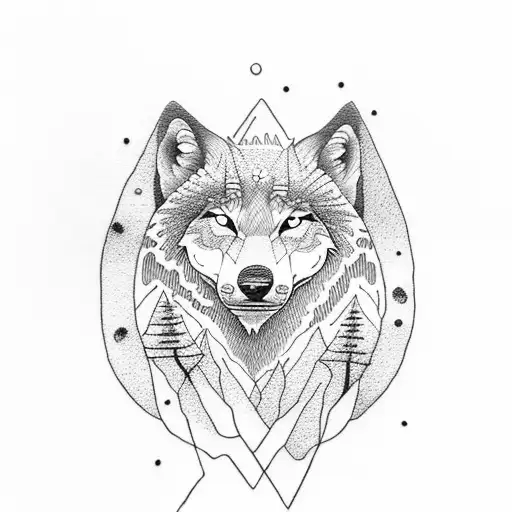 A dotwork tattoo illustrating a serene mountain landscape with a flowing river and a solitary wolf standing on a cliff tattoo design idea