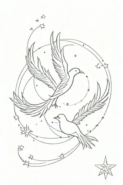 Phoenix flying with cancer and aquarius constellations  tattoo design idea