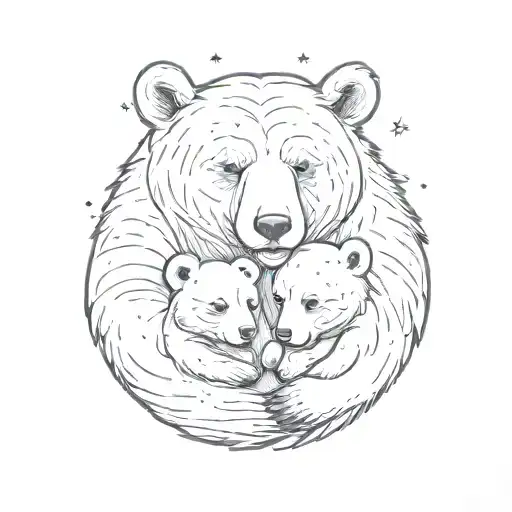 A minimalist tattoo of a 2 father bears, one bigger and more serious than the other, cuddle a baby bear together tattoo design idea